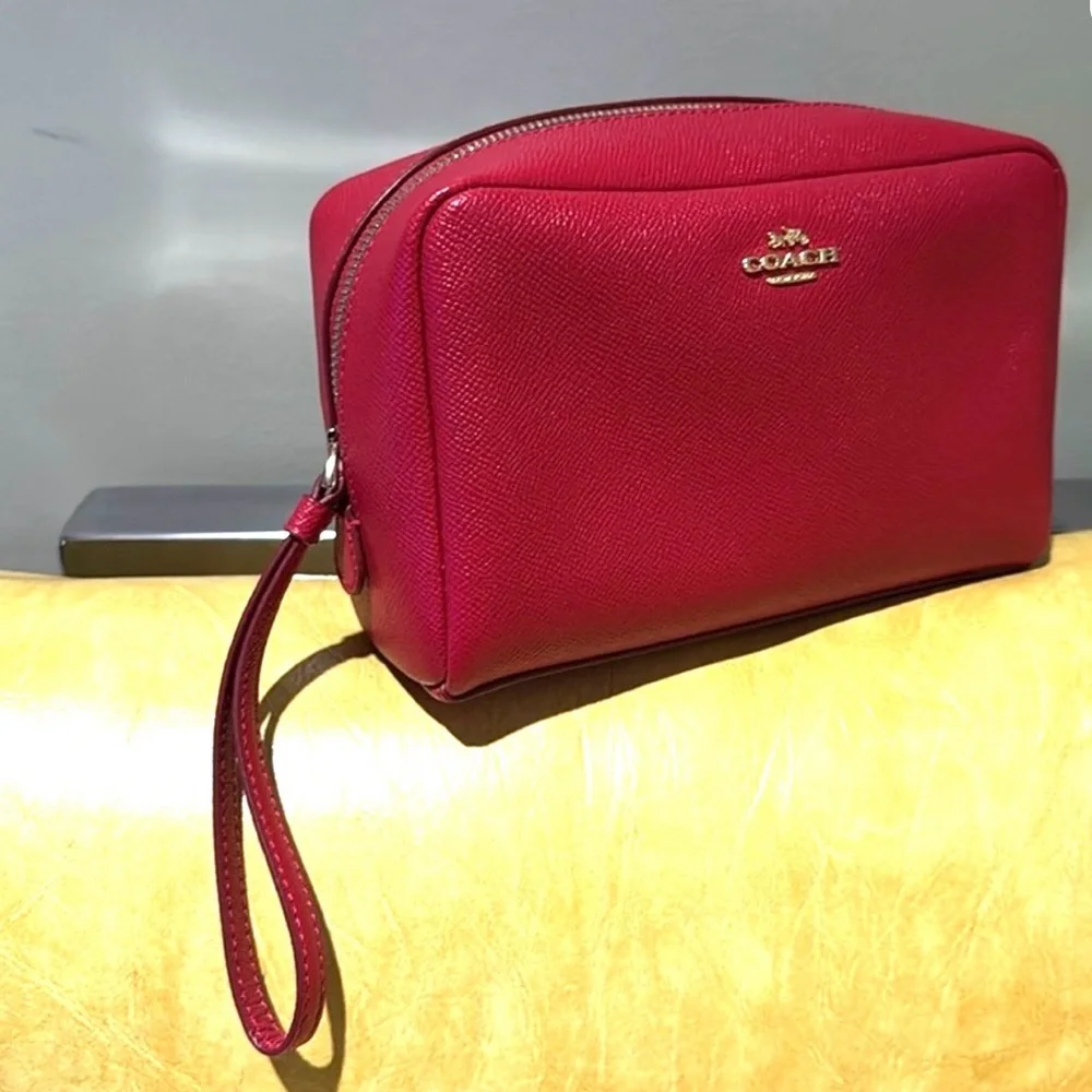 Coach Red Pebble Leather Wristlet Cosmetic Case
